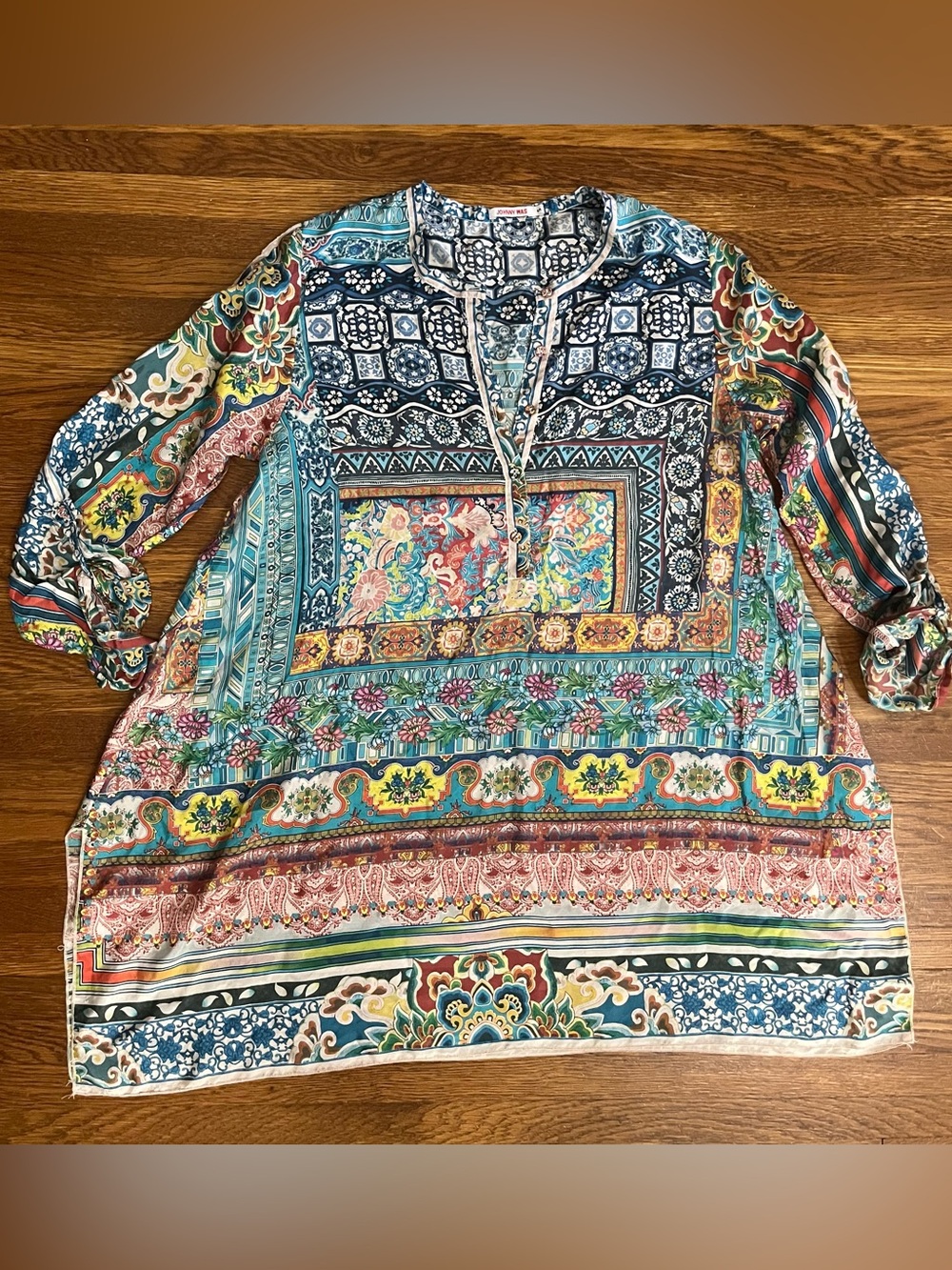 Johnny Was S 100% silk tunic boho lightweight 3/4 sleeves